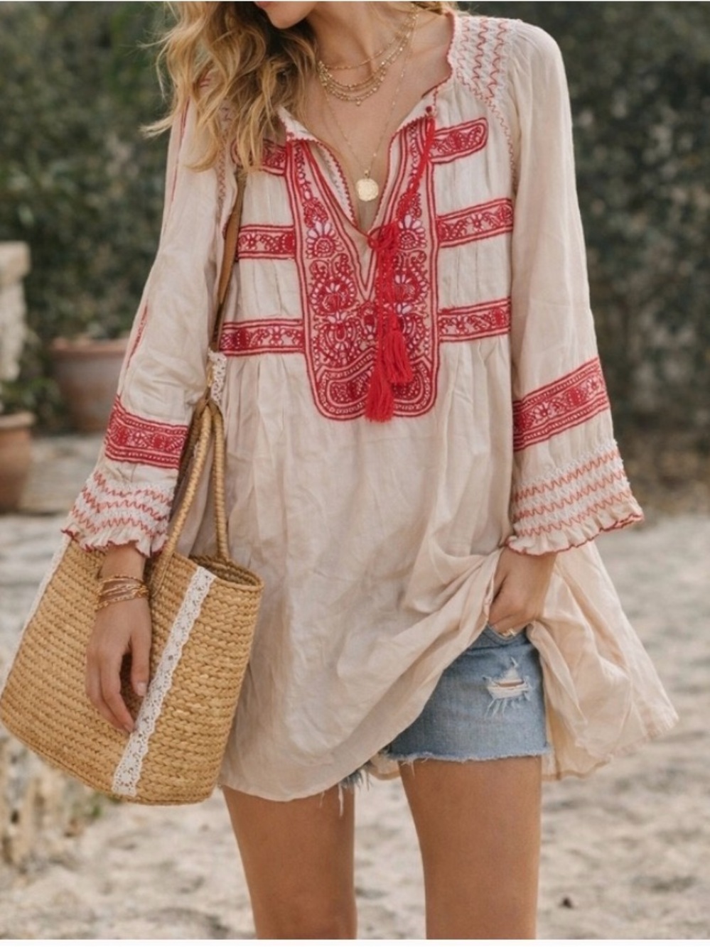 Free People Beige and Red Embroidered Tunic